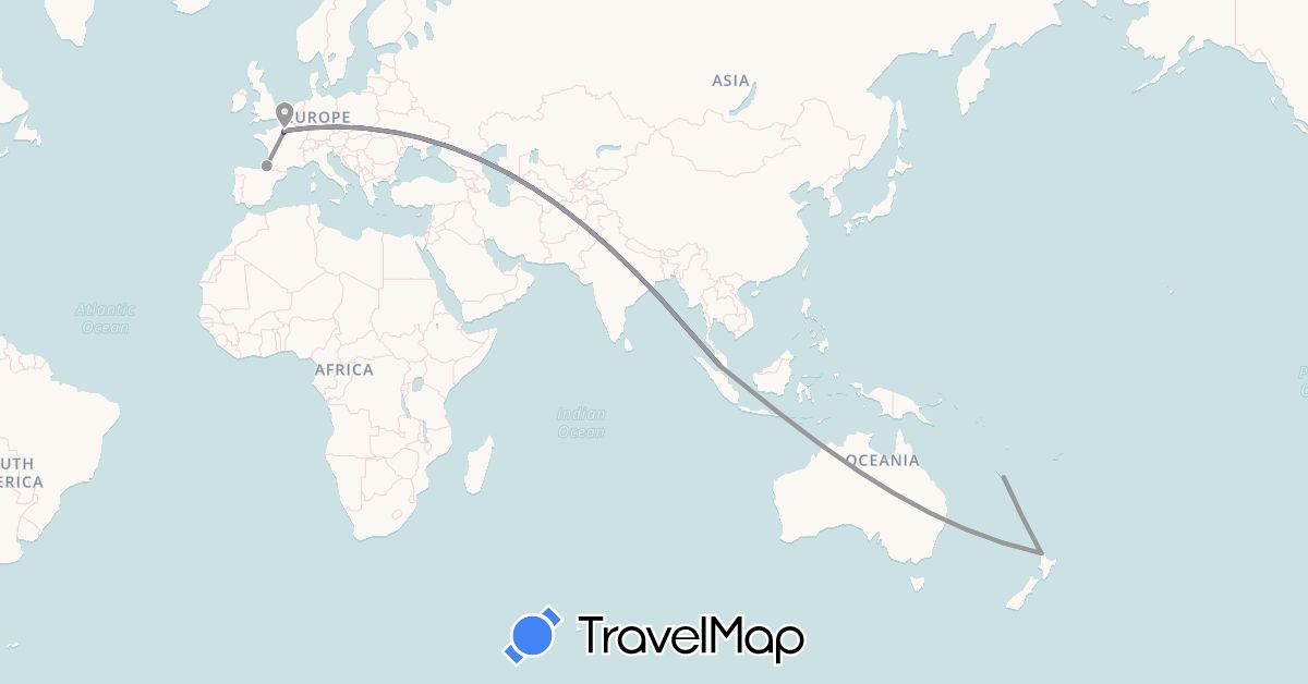 TravelMap itinerary: driving, plane, train in France, Malaysia, New Caledonia, New Zealand (Asia, Europe, Oceania)